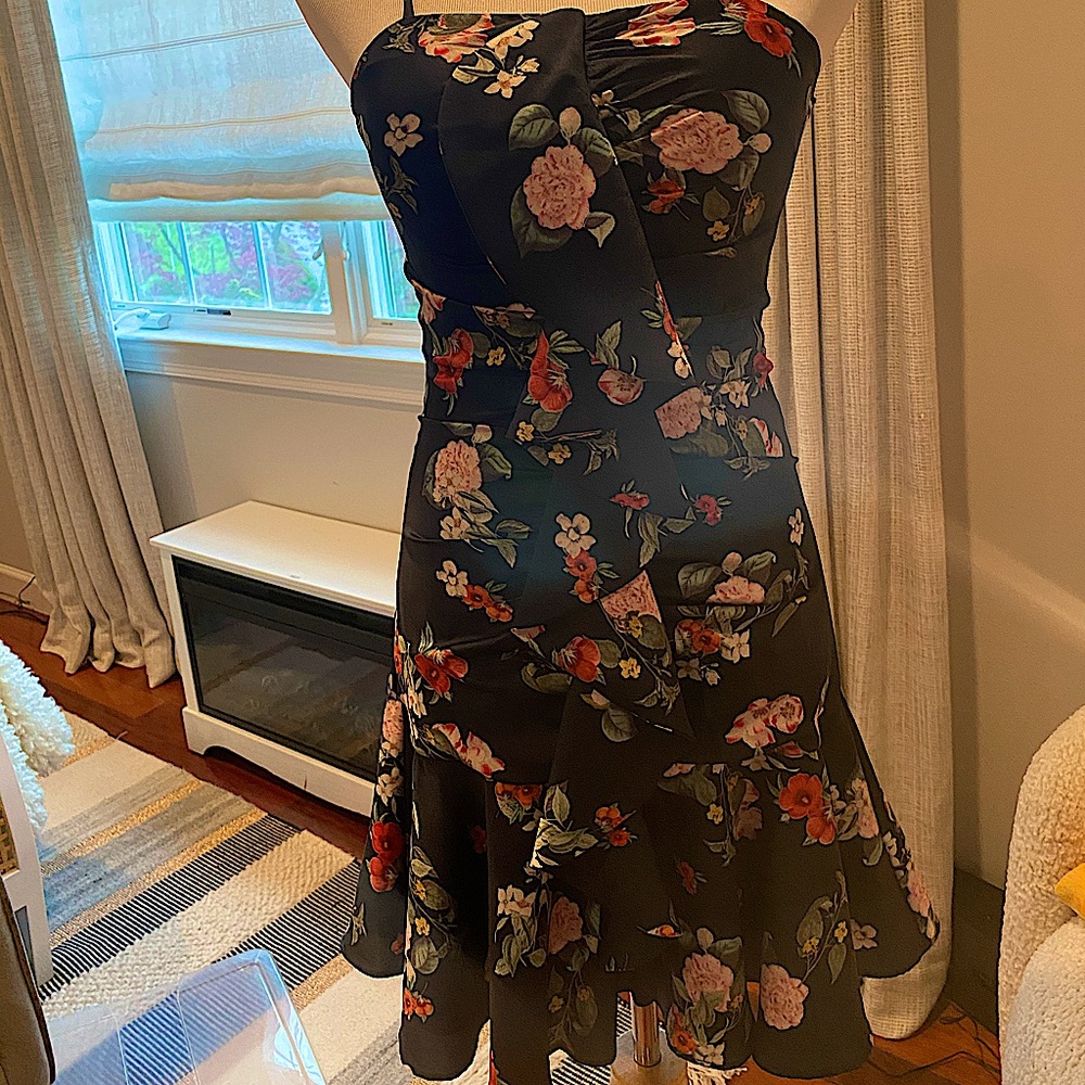 Floral printed navy ruffle dress